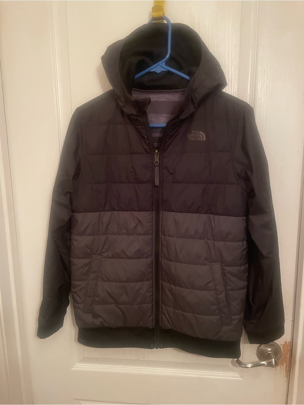 The North Face reversible Kids large hooded Puffer Jacket - Black/Gray